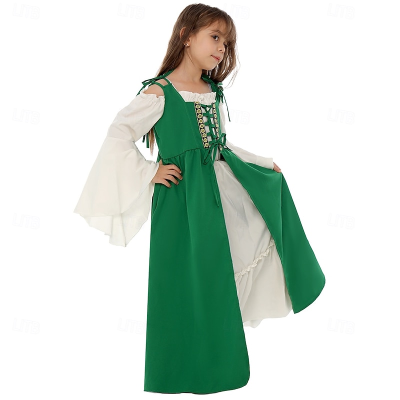 Retro Vintage Medieval Renaissance Dress Chemise OverDress Viking Irish Elven Fancy Dress Girls' Celtic Halloween Carnival Mardi Gras Performance Party LARP Kid's Dress4
