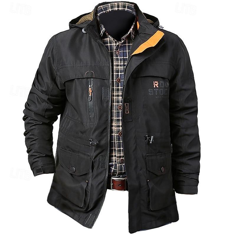 Men's Letter Printed Outdoor Jacket Coat Tactical Practical Waterproof Casual Sports Outdoor Daily Wear Zip Front Adjustable Drawstring Hood Graphic Fall Winter Standing Collar Long Sleeve Black Army