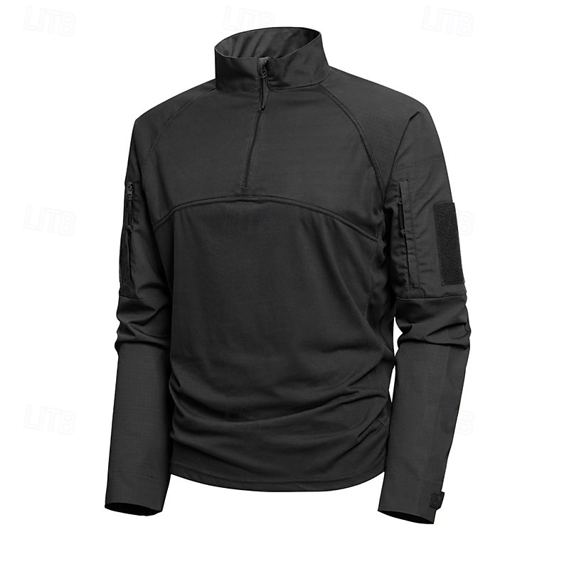 Men's Combat Shirt Hiking Shirt Tactical Military Shirt Long Sleeve Quarter Zip Top Outdoor Breathable Soft Polyester Patchwork Black Army Green Khaki Gym Climbing Camping / Hiking / Caving