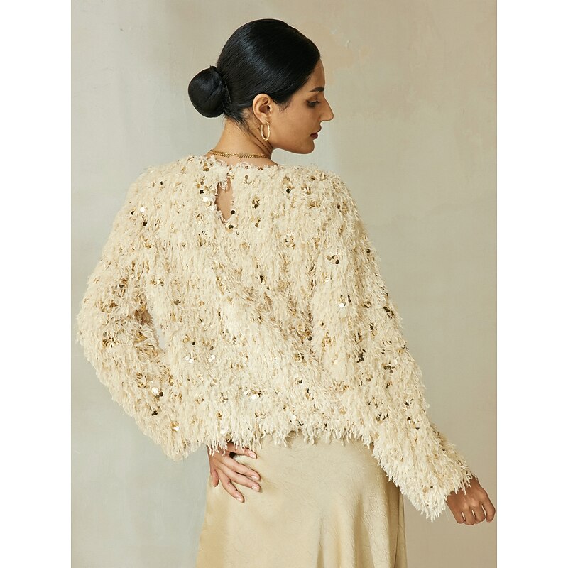 Apricot Sequin Feather Crew Neck Blouse3