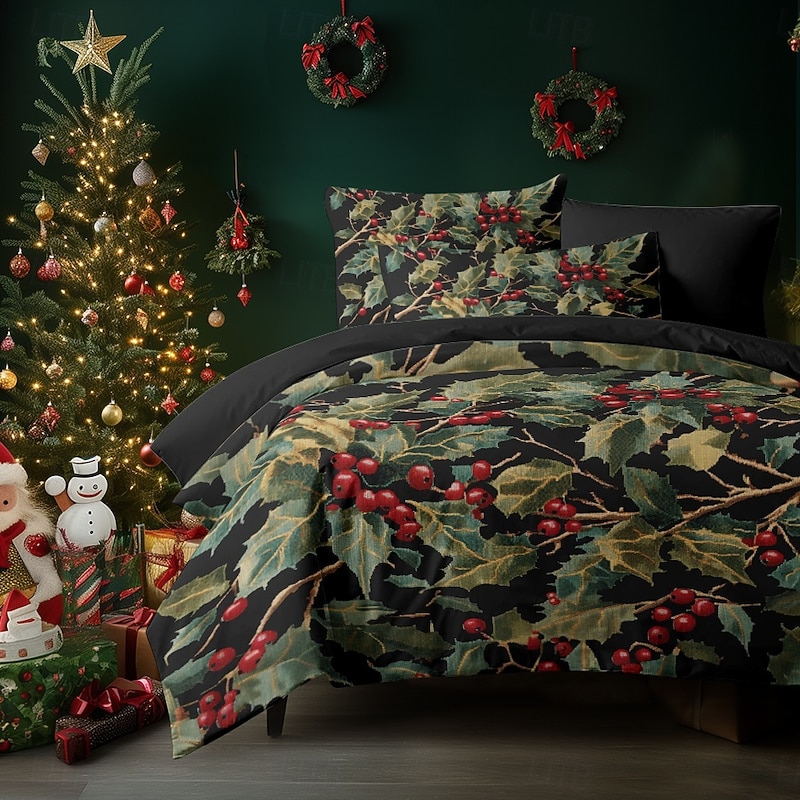 Christmas Duvet Cover Set 100% Cotton Queen King Size Winterberry Design Christmas Comforter Set Full with Holly Berry Pattern Festive and Soft Includes Duvet Cover and Pillowcases Decor