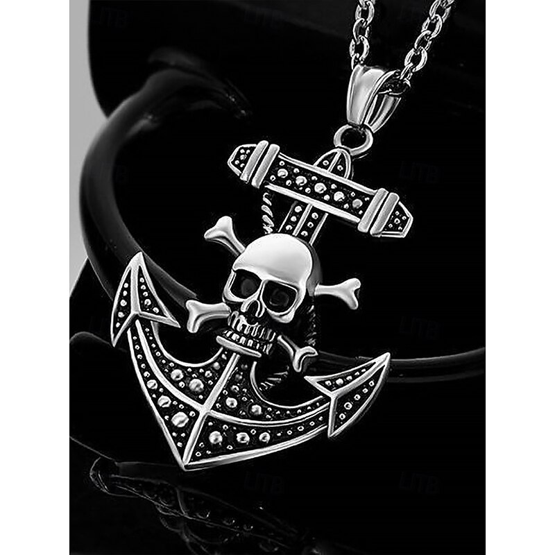 Men's Gothic Skull and Anchor Pendant Necklace – Vintage Pirate-Themed Stainless Steel Chain for Biker, Punk, and Halloween Styles2