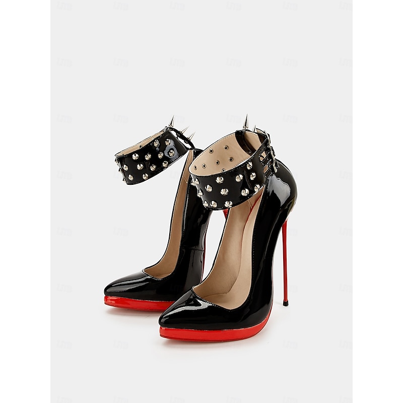 Women's Black Patent Leather Platform Stiletto Heels with Red Sole, Studded Spiked Ankle Straps, Sexy High Heels for Night Out, Parties, and Clubwear3