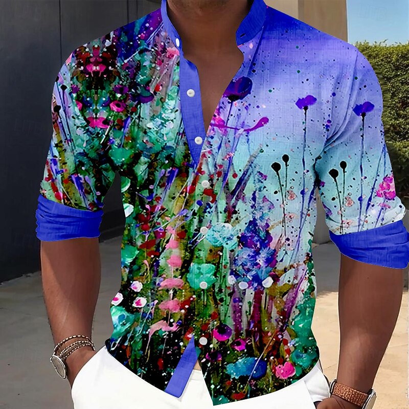 Men's Floral Button Up Shirt Long Sleeve Casual Vacation Daily Summer Spring &  Fall Grandad Collar Band Collar 3D Print Violet Blue Orange4