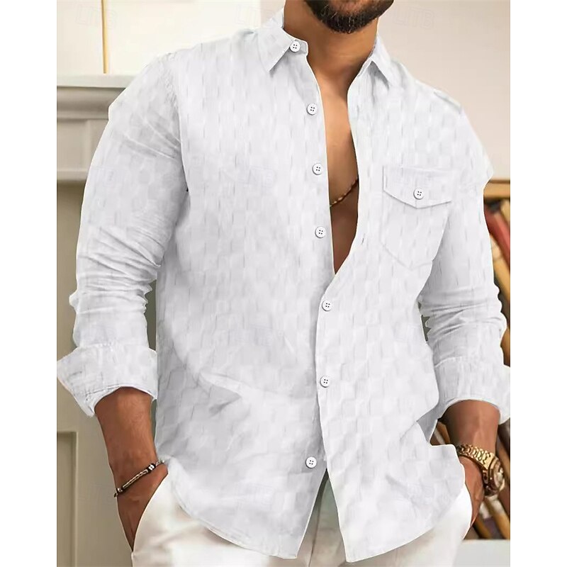 Men's Shirt Summer Shirt Button Up Shirt Casual Shirt Beach Shirt Black White Light Green Sky Blue Dark Green Long Sleeve Plain Lapel Hawaiian Holiday Jacquard Clothing Apparel Fashion Casual