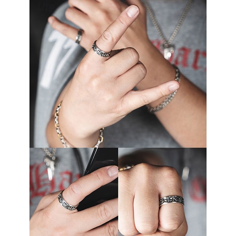 Men's Silver-Tone Adjustable Ring with Engraved Symbols, Vintage-Style Statement Jewelry for Casual and Gothic Fashion3