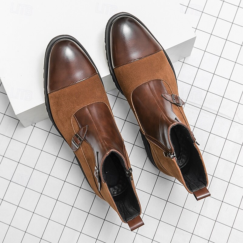 Men's Brown Faux Suede and Leather Ankle Boots with Double Buckle Straps - Stylish Formal Boots for Parties and Events2