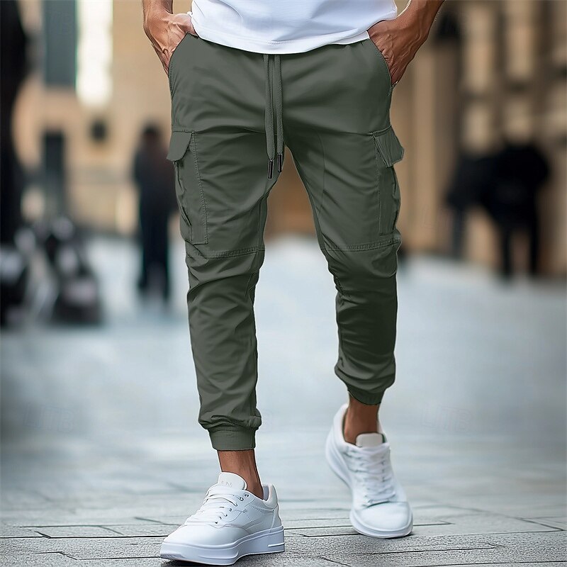 Men's Cargo Pants Trousers Jogger Pants Drawstring Elastic Waist Multi Pocket Plain Comfort Soft Full Length Outdoor Casual Daily Fashion Streetwear Black Army Green Micro-elastic2