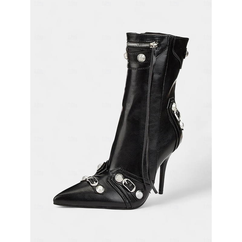 Women's Black Faux Leather Stiletto Motorcycle Boots with Buckles and Zipper Detailing - Sexy Pointed Toe Mid-Calf Heels for Parties and Night Out2