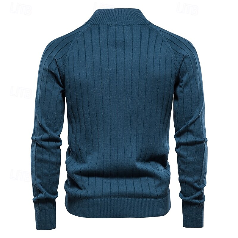 Men's Cardigan Sweater Ribbed Cable Knit Jacquard Zipper Solid Color Turndown Knitwear Neutral Outdoor Causal Clothing Apparel T-shirt Sleeve Winter Spring &  Fall Black Navy Blue S M L3