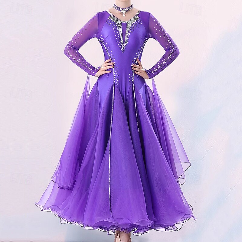 Ballroom Dance Dress Crystals / Rhinestones Women's Performance Training Long Sleeve Spandex
