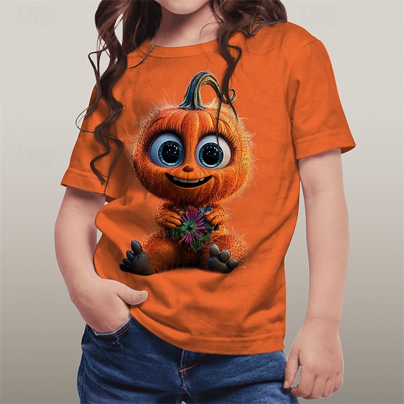 Girls' 3D Graphic Pumpkin T shirt Tee Short Sleeve Summer Spring Fashion Basic Kids 4-12 Years Crew Neck Outdoor Casual Daily Regular Fit2