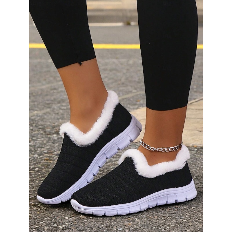 Women's Black Slip-On Winter Shoes with Plush Fur Lining and Lightweight Sole, Cozy and Warm Footwear for Cold Weather