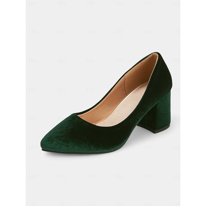 Women's Elegant Green Velvet Block Heel Pumps - Pointed Toe Dress Shoes for Office, Parties, and Formal Events