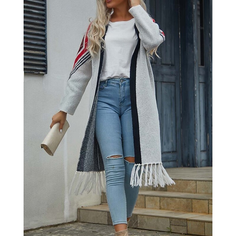 Women's Long Cardigan Open Front Knit Tassel Fall Winter Outdoor Going out Weekend Fashion Daily Long Sleeve Geometric Black Camel2