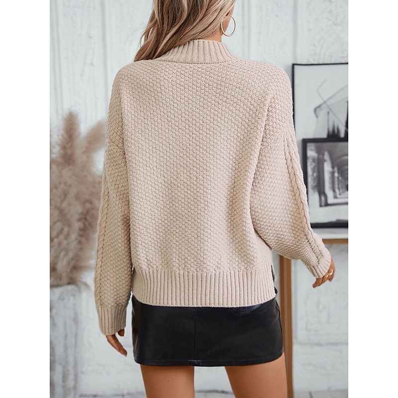 Women's Sweater Elegant Fashion Daily Solid Color Mock Neck Knitted Long Sleeve Regular Tops Knit Work Red Brown Beige Fall Winter3