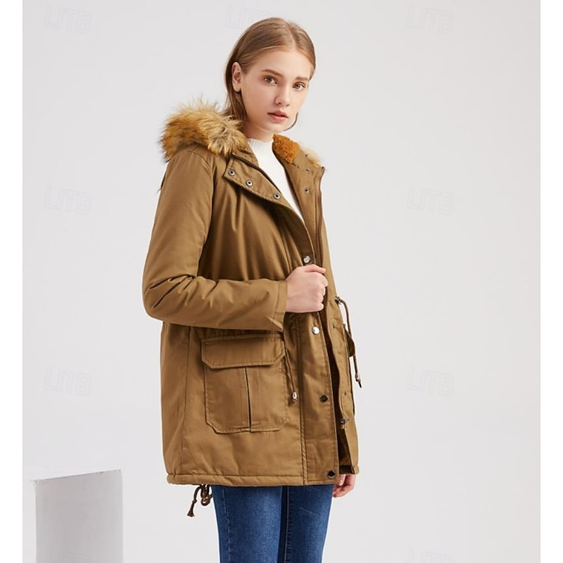 Women's Coat Warm Breathable Zipper Buttons Pocket Casual Solid Color Vacation Street Daily Wear Going out Zipper Regular Hoodie Regular Fit Long Sleeve Outerwear Black Wine Khaki Fall Winter3