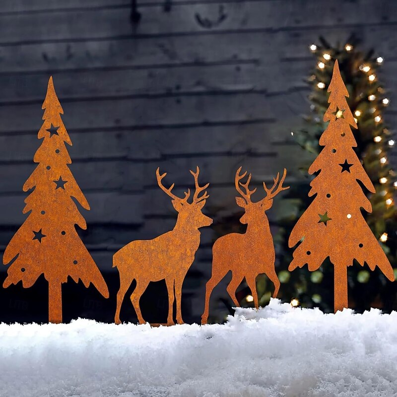 4-Piece Metal Christmas Tree and Deer Garden Rustic Stakes, 4-Piece Outdoor Rust-Coloured Christmas Decoration Set, Reindeer and Christmas Trees for Yard and Garden Decor
