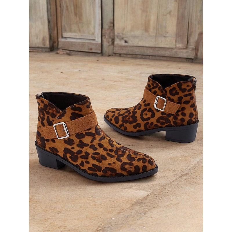 Women's Leopard Print Ankle Boots with Buckle Strap, Casual Western Style, Comfortable Low Heel for Everyday Wear3