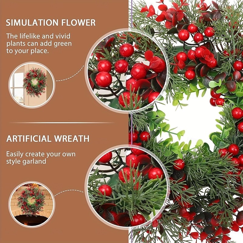 Christmas Wreath for Front Door Outdoor Door Winter Wreath, 50x50cm Cedar Leaves and Red Berries Xmas Decoration, Holiday Hanging Ornament for Porch and Garden Decor3
