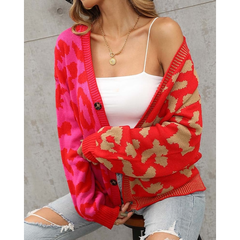 Women's Cardigan Fashion Daily Casual Leopard Color Block Print Open Front Knitted Long Sleeve Regular Tops Knit Formal Home Red Brown Fall Winter 7