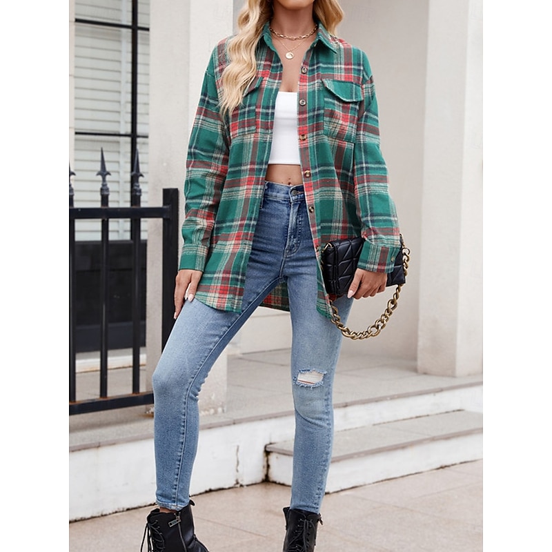 Women's Casual Jacket Outdoor Street Daily Wear Fall Winter Regular Coat Regular Fit Thermal Warm Breathable Stylish Casual Jacket Long Sleeve Stripes and Plaid with Pockets Print Pink Red Orange4