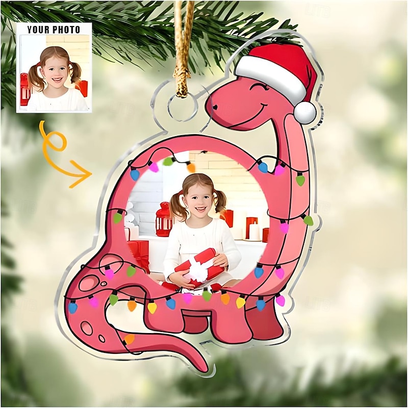 Personalized Photo Christmas Ornaments Acrylic 2D Custom Baby Face Christmas Tree Ornaments Xmas Decoration Hanging Pendant Gifts Cute Dinosaur