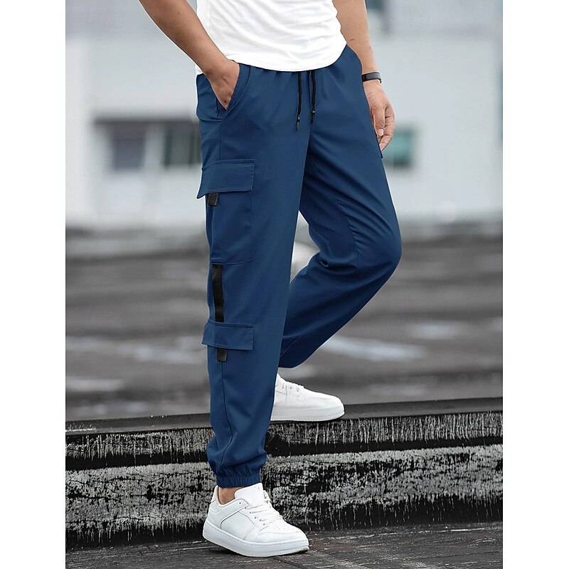 Men's Cargo Pants Joggers Trousers Casual Pants Drawstring Elastic Waist Multi Pocket Plain Comfort Soft Full Length Outdoor Daily Going out Fashion Streetwear Black Blue Micro-elastic3