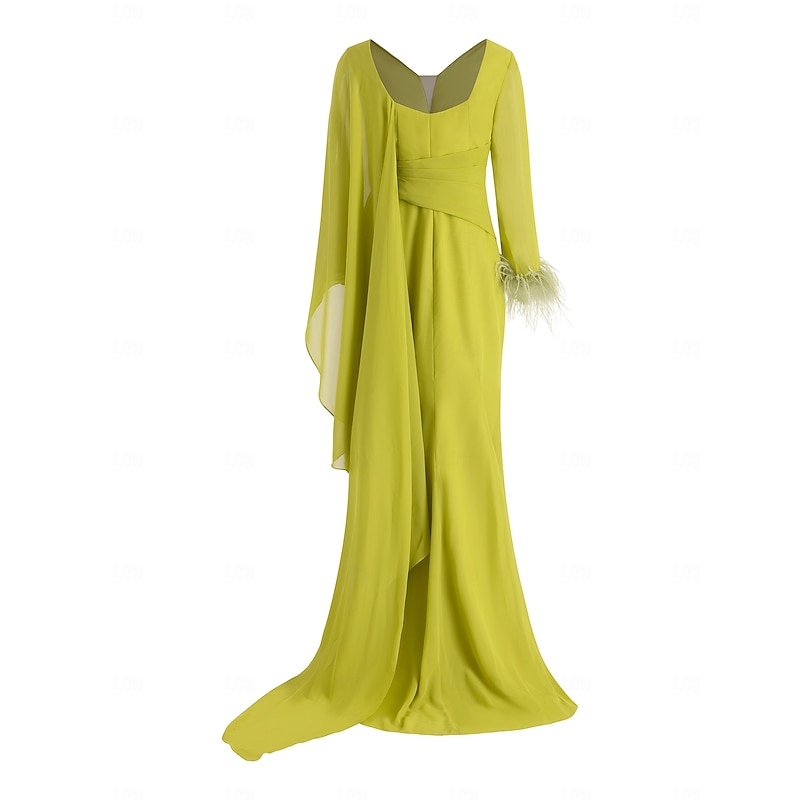 Beach Wedding Mermaid Evening Gown Elegant Dress Formal Fall Floor Length Long Sleeve V Neck Chiffon with Feather Ruched Ruffles4