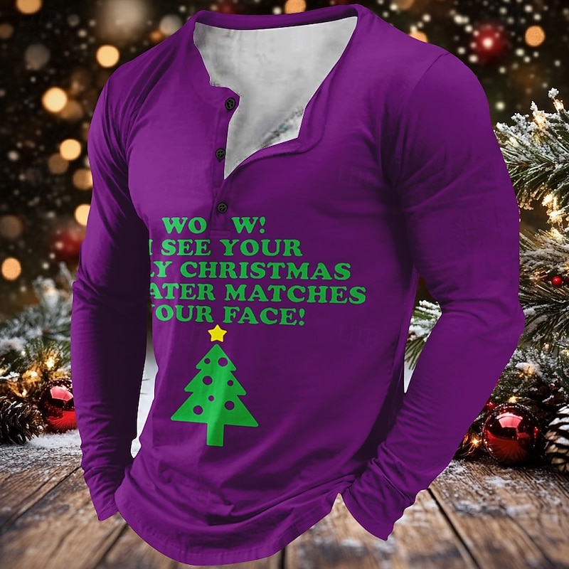 Christmas Men's Funny Christmas Henley T Shirt Tree Tree Letter Trees Letters Sports Fashion Daily 3D Printing Henley Long Sleeve Street Casual Daily Black Red Purple Long Sleeve Henley Collar Button3
