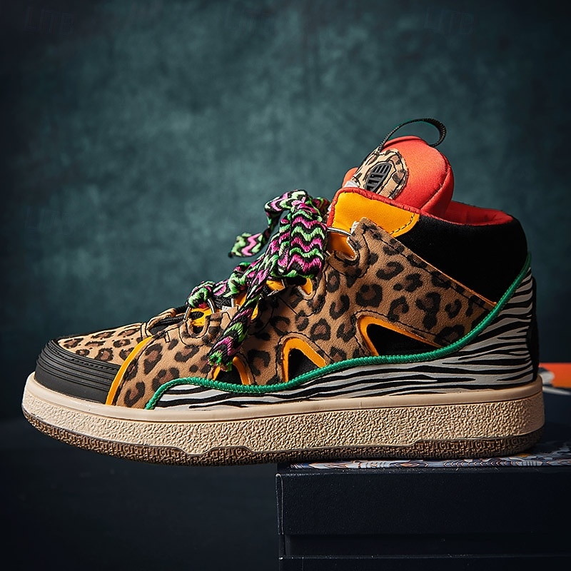 Men's Leopard Print High-Top Sneakers – Trendy Animal Pattern with Colorful Laces, Casual Streetwear Shoes for Urban Fashion3
