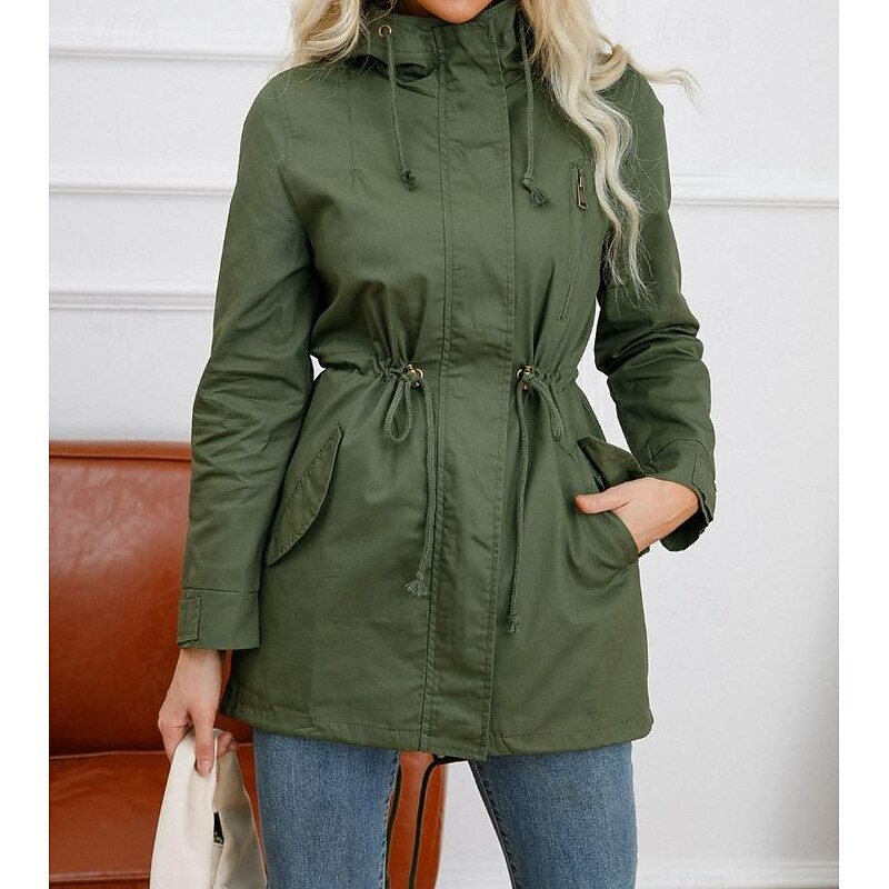 Women's Winter Coat Waterproof Windproof Zipper Outdoor Solid Color Work Casual Zipper Hoodie Loose Fit Long Sleeve Outerwear Black Green Khaki Winter3
