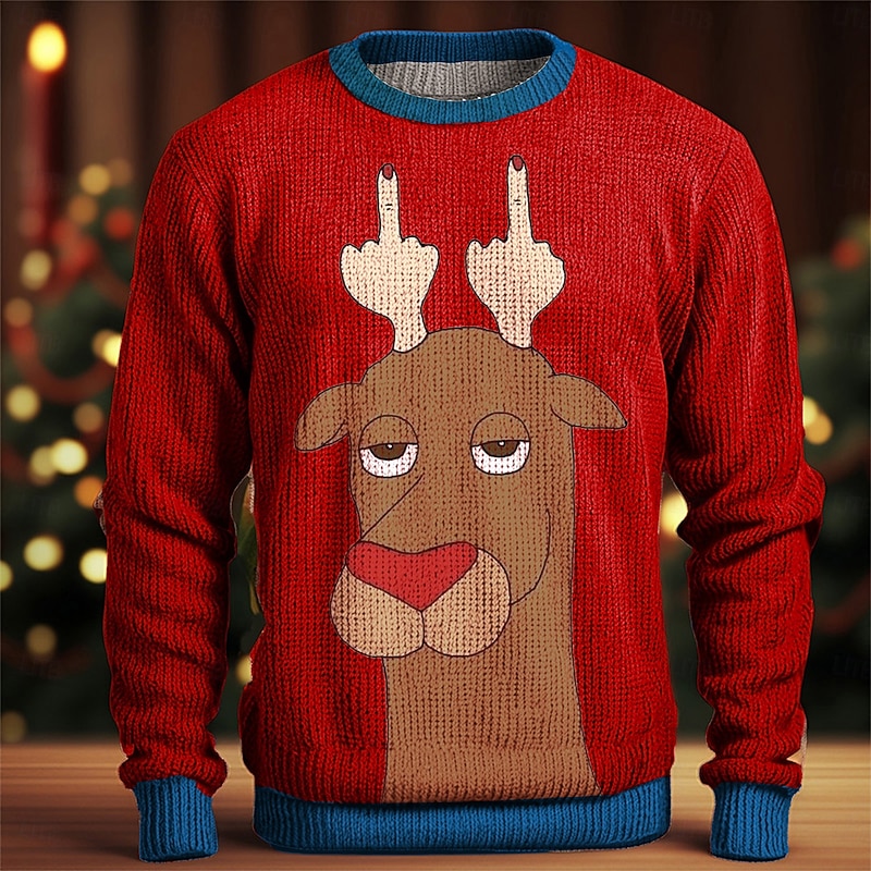 Ugly Christmas Sweater Men's Funny Sweaters Gesture Deer Pullover Jumper Knitting Thermal Party Evening New Years Eve Long Sleeve Crewneck Fall Winter Red Blue Green S M L3