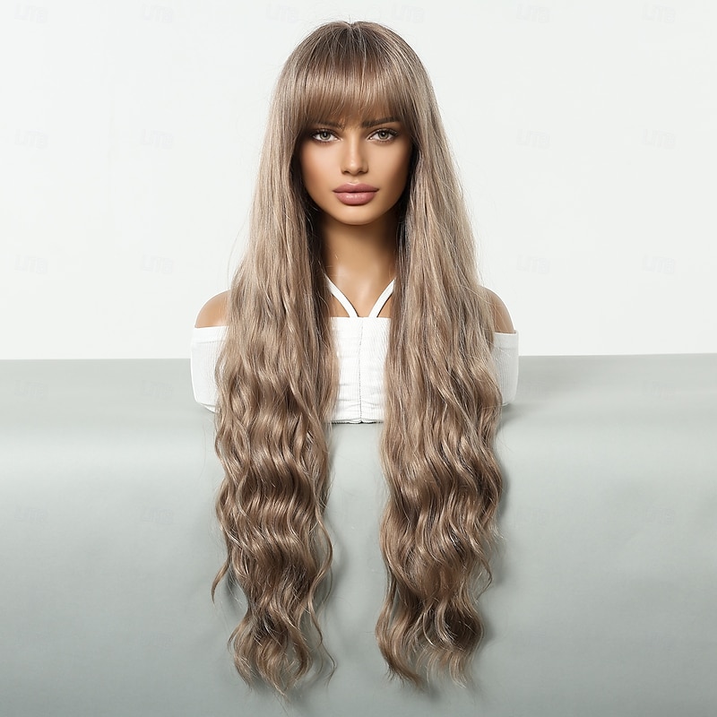 Synthetic Wig Uniforms Career Costumes Princess Curly Wavy Middle Part Layered Haircut With Bangs Machine Made Wig 30 inch Dark Brown Synthetic Hair Women's Cosplay Party Fashion Dark Brown2