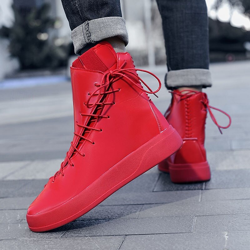 Men's Red Faux Leather High-Top Boots with Side Zipper and Lace-Up Design – Stylish Casual Footwear for Fall and Winter 8