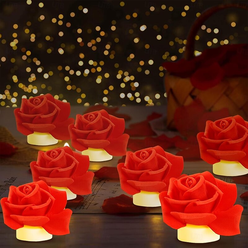12pcs LED Tea Lights Candles Artificial Rose Petals Electric Candle Light Romantic Flameless Candle Battery Powered Christmas Valentine Wedding Birthday Party Scene Decoration2