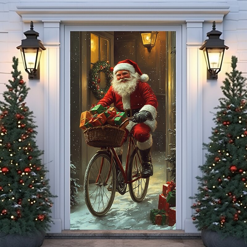 Christmas Door Decorations Door Covers Xmas Santa Cycling Door Tapestry Door Curtain Decoration Backdrop Indoor/Outdoor Door Banner for Front Door Farmhouse Christmas Holiday Party Decor Supplies4