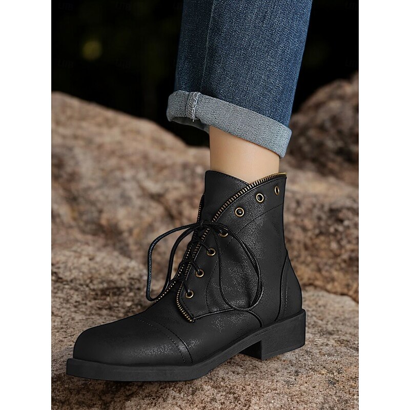 Women's Brown Lace-Up Ankle Boots with Zipper Detail – Stylish Vintage Combat Boots for Fall and Casual Wear2