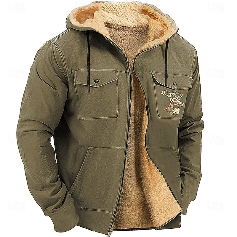Men's Deer Fleece Hoodie Hoodies Fashion Cool Long Sleeve Hooded Holiday Hunting Streetwear Blue Brown Zipper Pocket Fall Winter Designer