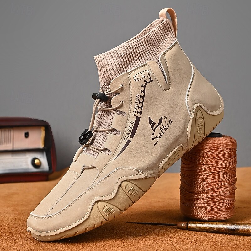 Men's Tan Faux Leather Casual Ankle Boots with Hand-Stitched Detailing, Knit Sock Upper, and Adjustable Toggle Laces – Comfortable and Rugged Design for Outdoor and Everyday Wear2