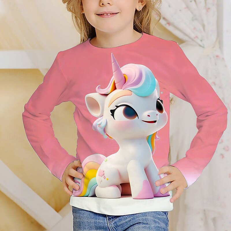 Girls' 3D Graphic Unicorn T shirt Tee Long Sleeve Spring Fall Fashion Basic Kids 4-12 Years Crew Neck Outdoor Casual Daily Regular Fit4