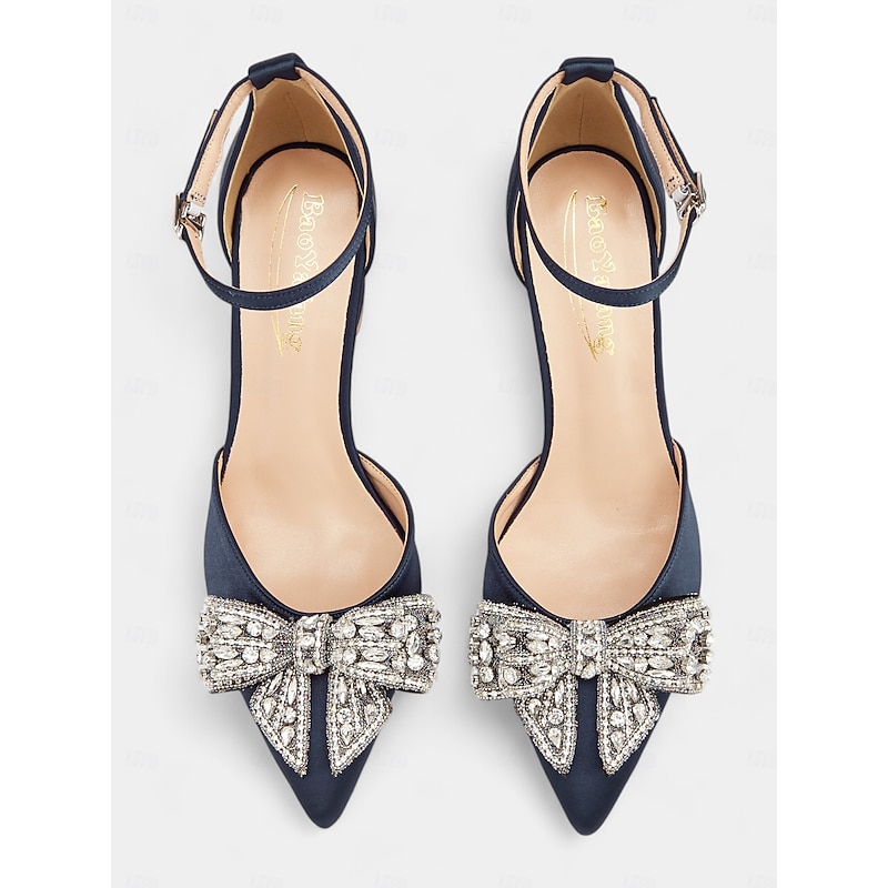 Women's Satin Block Heel Pumps with Rhinestone Bow – Elegant Formal Heels for Weddings and Special Occasions3