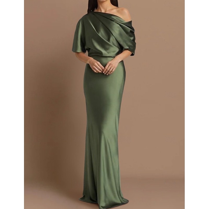 Sheath Mother of the Bride Dress Wedding Guest Formal Evening Elegant Party Off Shoulder Sweep / Brush Train Satin Half Sleeve with Ruching