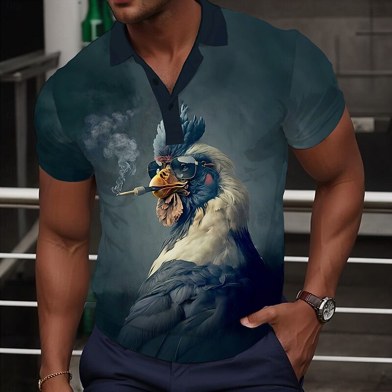 Men's Rooster Golf Shirt Short Sleeve Polo Shirts Collared Shirts Casual Funny Streetwear Vacation Wear Party Outfits Buttons 3D Print Summer Black
