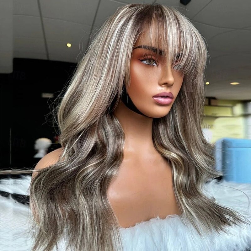 Remy Human Hair 13x4 Lace Front Wig With Bangs Brazilian Hair Wavy Multi-color Wig 130% 150% Density Highlighted / Balayage Hair 100% Virgin Glueless For Women Long Human Hair Lace Wig4