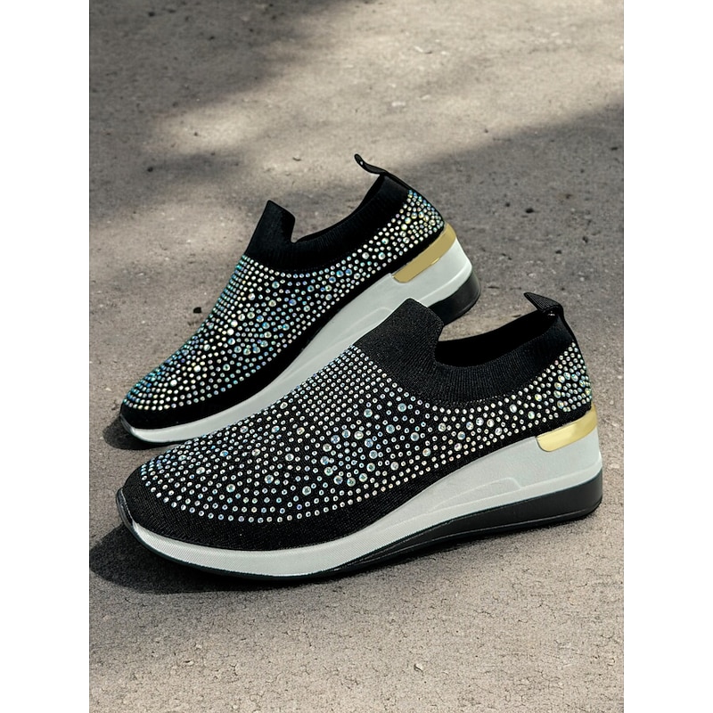Women's Rhinestone-Embellished Black Slip-On Sneakers – Lightweight, Sparkly Fashion Athletic Shoes for Casual Wear