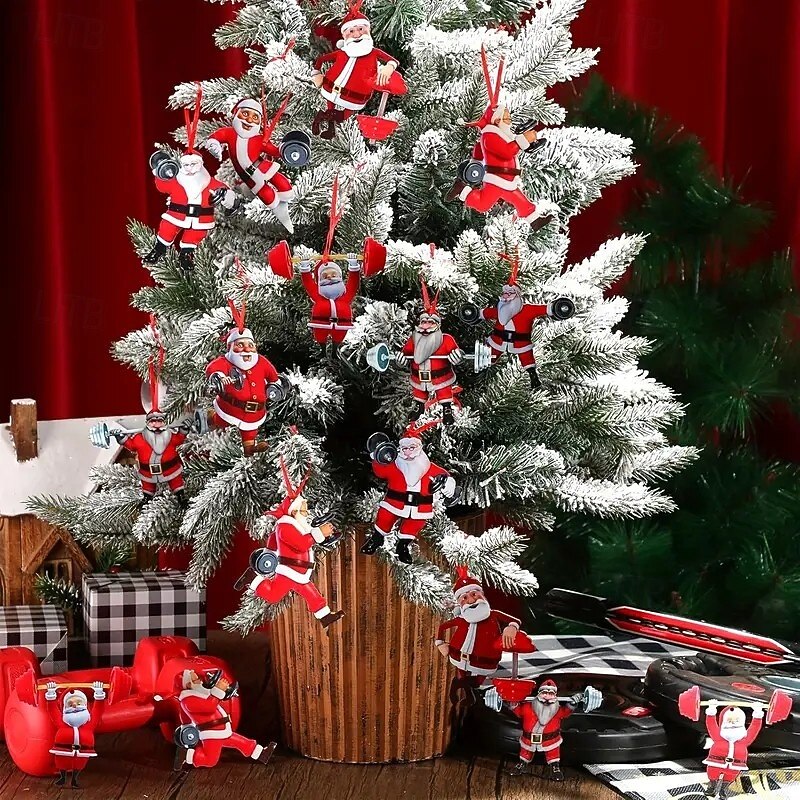 27pcs Christmas Wooden Ornaments Set - Fitness Theme Santa Pendant Ornaments and Toppers, Vintage Wooden Christmas Decoration, Non-Electric Hanging Festival Decoration for Thanksgiving, Christmas & Halloween Xmas Decoration with Hanging Rope4