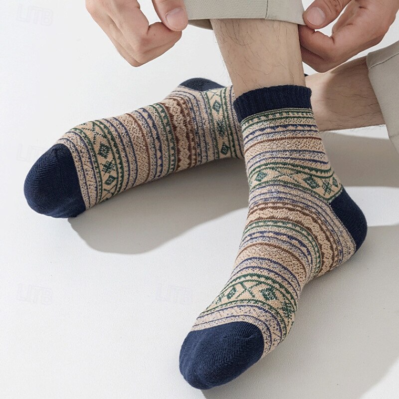 Men's 5 Pairs Multi Packs Socks Crew Socks Casual Socks Brown Color Stripes Daily Vacation Medium Spring Fall Fashion Casual3