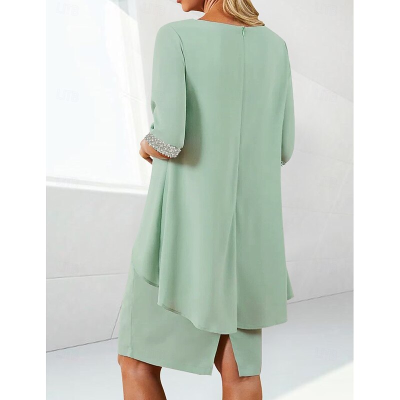 Beach Wedding Sheath Mother of the Bride Dress Wedding Guest Elegant Jewel Neck Tea Length Chiffon Half Sleeve with Beading Ruching3