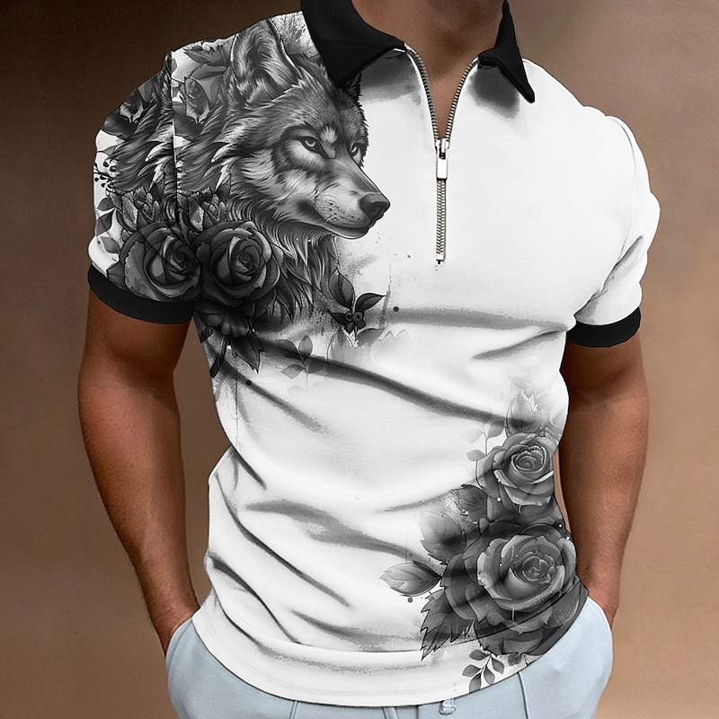 Men's Wolf Zip Polo Shirts Golf Shirt Short Sleeve Polo Shirts Collared Shirts Casual Funny Streetwear Vacation Wear Party Outfits 3D Print Quarter Zip Polo Summer Spring Black Wine Red